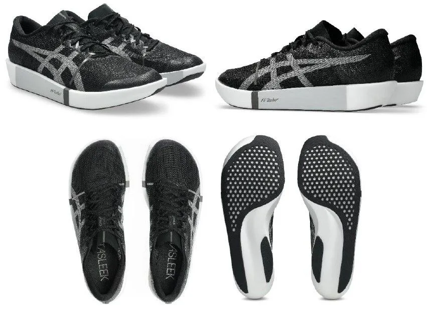 ASICS METASLEEK สีดำขาว มุมด้านข้าง ด้านบน และพื้นรองเท้า