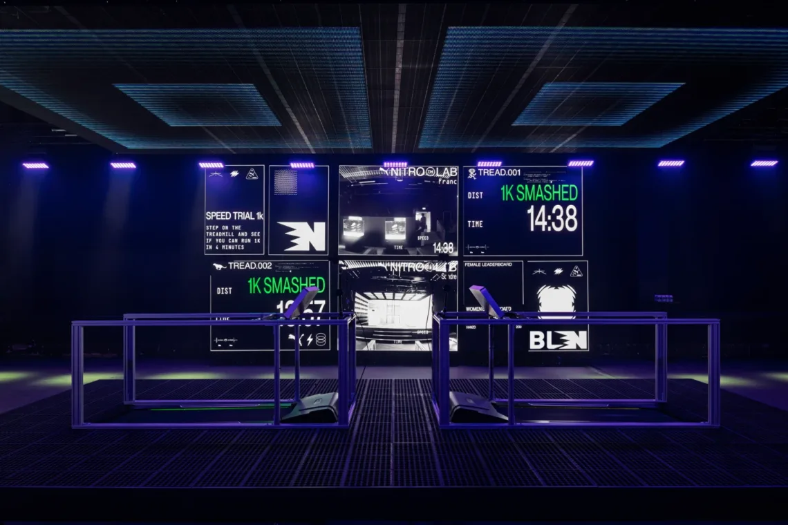 พื้นที่ลู่วิ่งและจอแสดงผลภายใน PUMA NITRO Lab จากภาพประกอบข่าวเบอร์ลิน