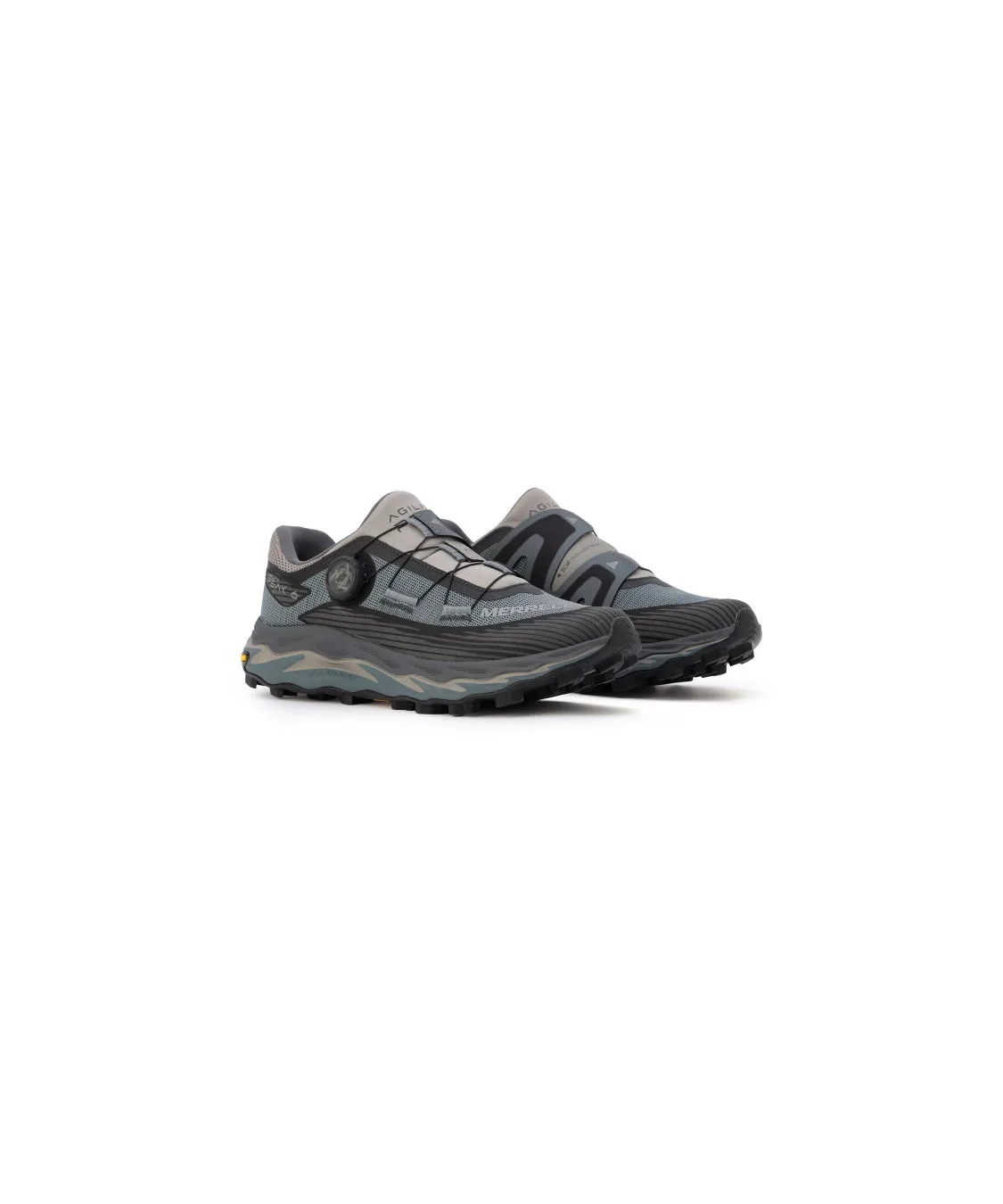 MERRELL x Snow Peak AGILITY PEAK 6 BOA SP มุมด้านข้าง แสดงแป้น BOA และพื้น Vibram