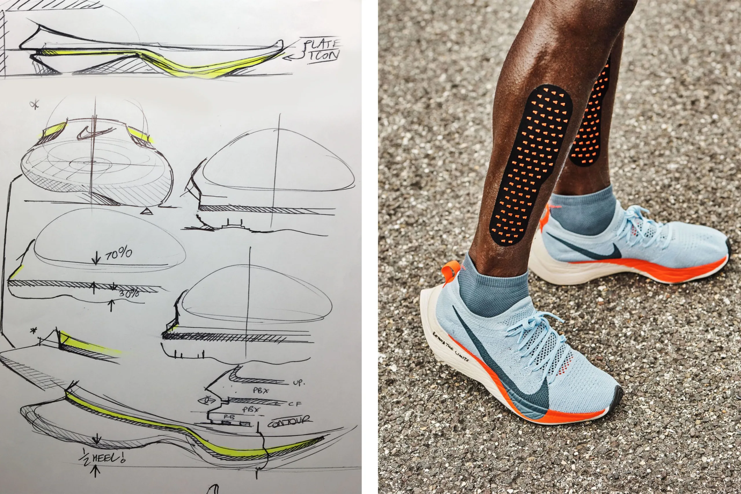 สเก็ตช์และต้นแบบ Nike Vaporfly ที่อธิบายโครงสร้างโฟมและแผ่นคาร์บอน