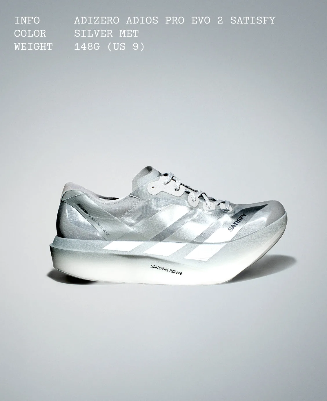 SATISFY x adidas Adizero Adios Pro Evo 2 สี Silver Met