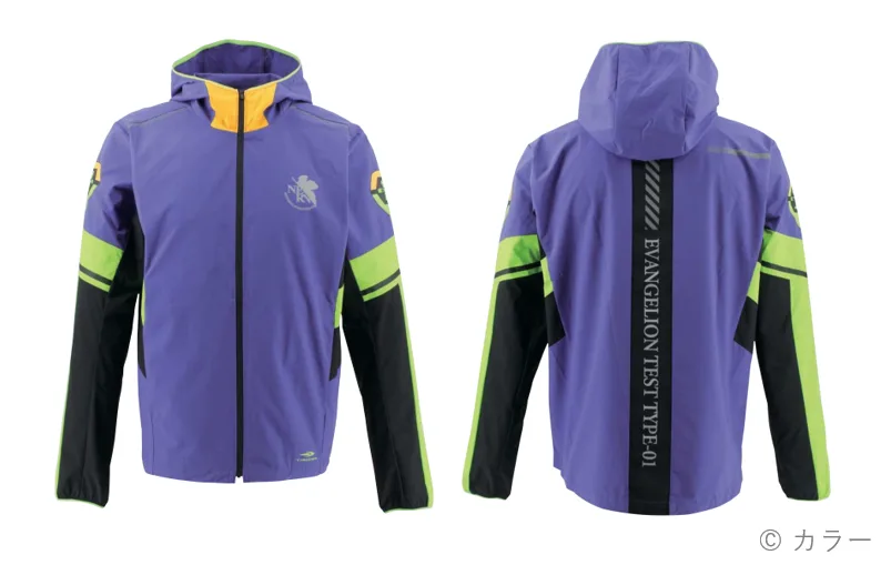 เสื้อกันลม TIGORA x Evangelion สีม่วงเขียว มุมหน้าและหลัง